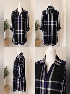 Daniel Cremieux Black Plaid Midi Dress with Purple and White Stripes